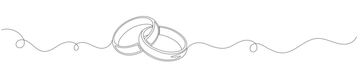 A single continuous line drawing of wedding rings. Concept of a romantic marriage proposal, engagement invitation in a simple line style. Editable stroke. Vector illustration.