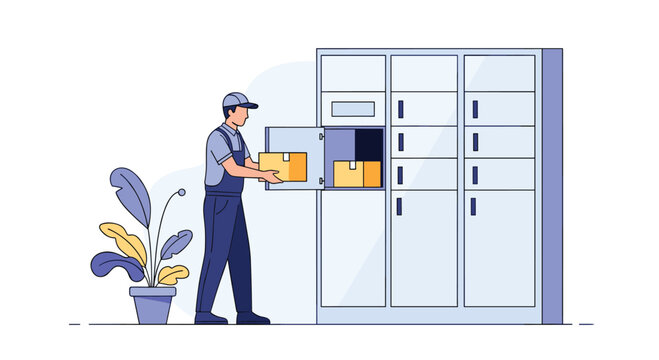 Delivery person placing a package into a smart locker next to a potted plant.