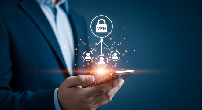 Businessman uses a mobile phone with a VPN connection for secure network access and data protection ensuring privacy and security for online communication and remote work connections - Powered by Adobe