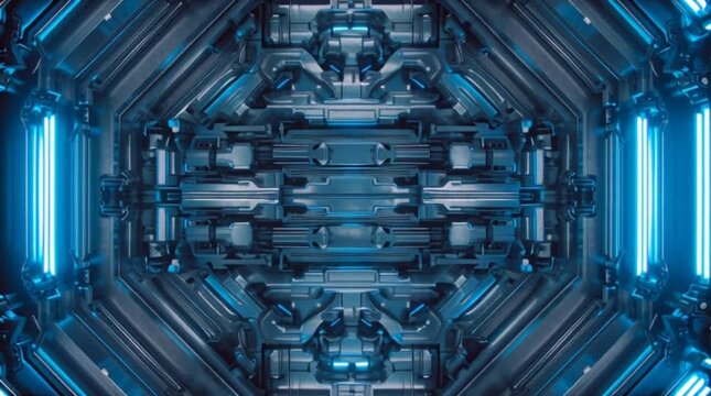 Futuristic sci-fi blast doors opening in a symmetrical blue neon corridor revealing a bright white light background.