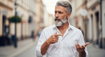 A confused and serious mature man with stylish grey hair and a beard, dressed in a white shirt, gestures with his hands while looking away with a questioning expression