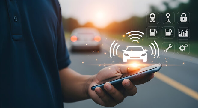 Person uses smartphone with car app icons for navigation fuel and maintenance on a road with a car in the background during sunset showcasing automotive technology and connectivity - Powered by Adobe