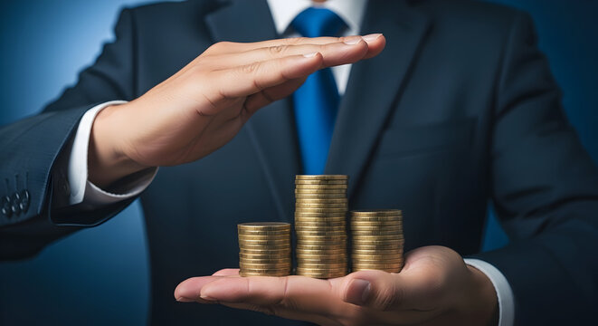 Businessman in a suit protects stacks of gold coins symbolizing financial security investment growth and wealth management with a focus on savings and prosperity in a stable economy