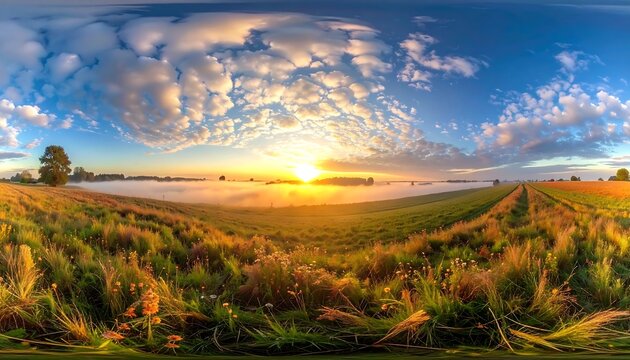 Panoramic view of a field at dawn with a vibrant sunrise and clouds - Powered by Adobe