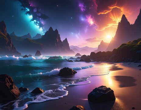 Pixelated Coastline Under A Cosmic Sky With A Vibrant Sunset Over The Ocean Waves And Rocky Shoreline