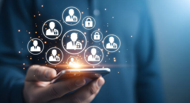 Man holds a smartphone displaying network security icons symbolizing data protection and secure connections in a digital world with cybersecurity and privacy features highlighted - Powered by Adobe