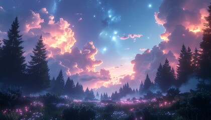 Enchanting Nightscape - Forest Silhouettes Under a Celestial Canvas of Stars and Clouds.