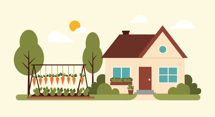 Cartoon house with a garden of hanging carrots and leafy vegetables.