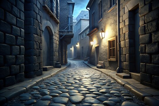 Cobblestone alleyway in a medieval european city at dusk