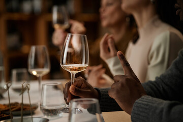 Diverse group of young adult and middle aged men and women tasting wine, holding glasses and evaluating aroma and flavor during wine testing session, focus on hands and gestures