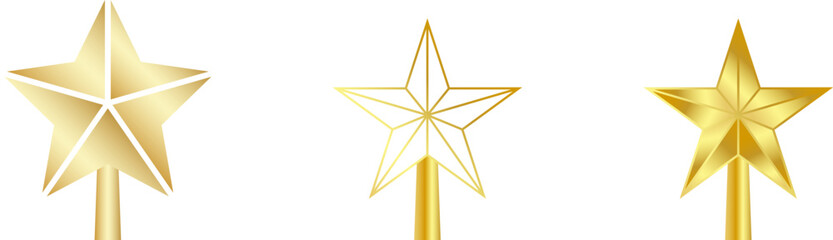 Star Tree Topper isolated on white background. Gold Christmas star set. Vector PNG JPG