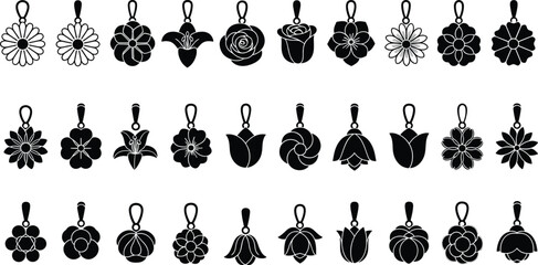 Collection of elegant floral pendant silhouettes featuring diverse flower shapes, ornamental jewelry designs, botanical charm elements, perfect for decoration, crafting, and vector illustration themes