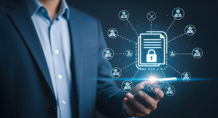 Businessman holding smartphone displaying secure document access and data privacy with user permissions and network security showcasing digital rights management and information governance