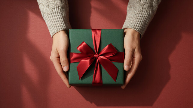 Woman presents beautifully wrapped green gift box with red ribbon bow