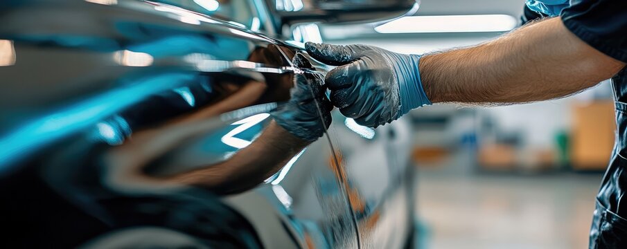 Polishing a red car surface.