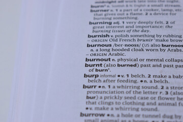 Close Up Of English Definition Dictionary Page Word Of - burnout