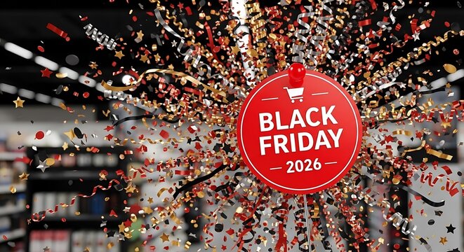 Get Ready for Black Friday 2026 Sales Event with Confetti Bursting in Red, Gold, and Black, A Festive Shopping Experience