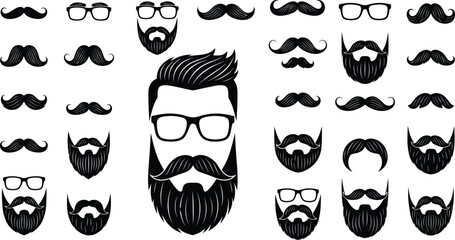 Collection of stylish mustache and beard silhouettes with glasses, showcasing men&rsquo;s grooming elements, hipster facial hair designs, barbershop icons, and masculine style illustration