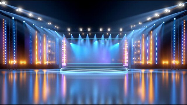 Bright and vibrant stage setup with cool lighting perfect for a live performance in an entertainment venue