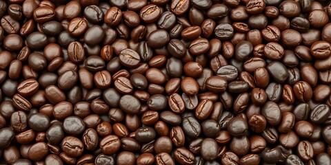 Fototapeta premium Rich dark roasted organic coffee beans close-up, morning, drink