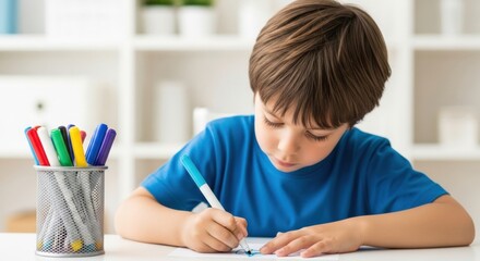 Adorable little boy with a focused expression sitting at a table and drawing with a colorful marker, deeply engaged in a creative and educational activity in a bright interior