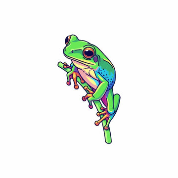 Vibrant green tree frog perched on a slender branch.