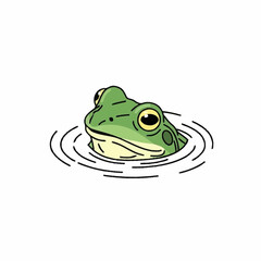 Cute green frog head peeking out of water with ripples.