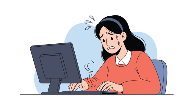 Stressed young woman working on a computer, sweating and looking worried.