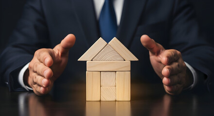 Businessman protects a house made of wooden blocks symbolizing home security and real estate investment with a dark suit and blue tie on a reflective surface providing a sense of safety and assurance