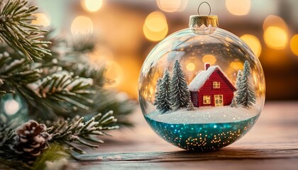 Miniature winter scene enclosed within a transparent holiday decoration rests near frosted evergreen foliage.