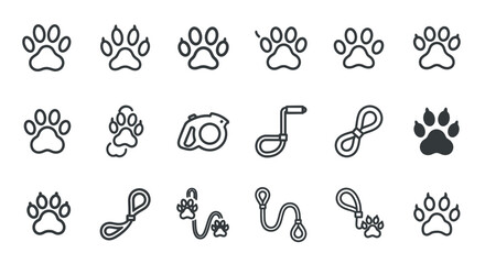 Obraz premium Collection of Paw Prints and Leashes in Outline Style, Vector Illustration.