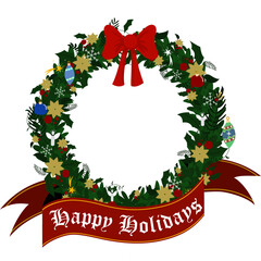 Guirlanda de Natal festiva com la&ccedil;o vermelho e faixa em ingl&ecirc;s &ldquo;happy holidays&rdquo;