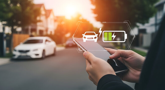 Person uses a smartphone app to monitor the charging status of their electric vehicle with a digital interface showing the battery level and car icon on a residential street at sunset - Powered by Adobe