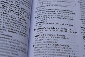 English Dictionary Page Close Up With The Word Meaning Of -busman's holiday