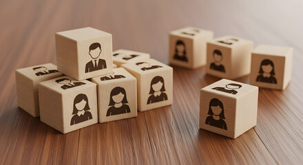 Wooden blocks with people icons represent human resources team building and organizational structure on a wood surface ideal for business management and recruitment concepts