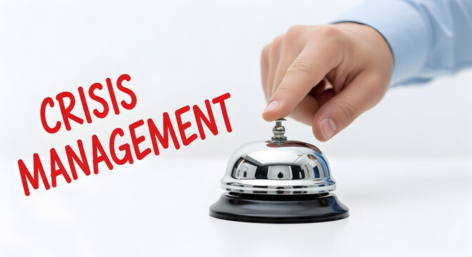 Hand rings a silver service bell with crisis management text overlay symbolizing urgent response and problem solving in business and emergency situations highlighting the need for quick action