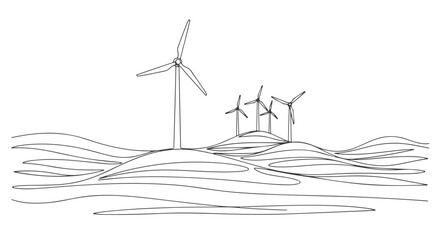 Continuous single line art illustration of wind turbines on a hill b © PDWN Creative