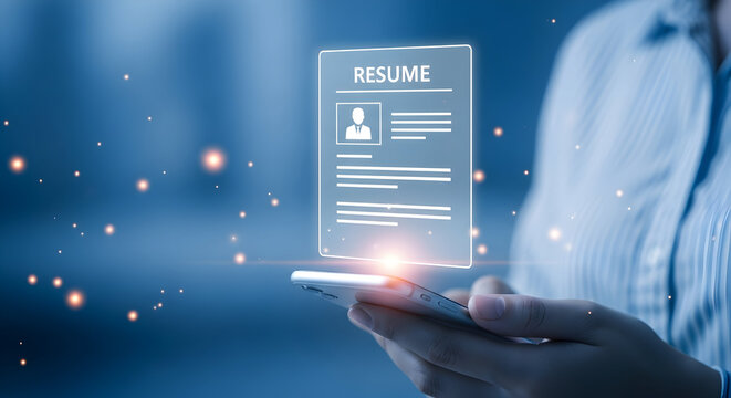 Person using a smartphone to view a digital resume highlighting job search career opportunities and online applications in a modern technologydriven recruitment process - Powered by Adobe