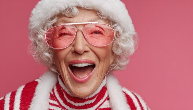 Joyful elderly woman wearing festive attire and tinted spectacles celebrates during the holiday season