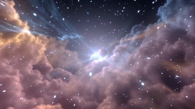 Epic cinematic space flight animation traveling through a colorful nebula and star field towards a bright shining light.