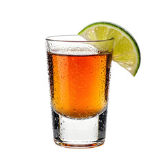A refreshing shot of tequila with a lime wedge garnish.