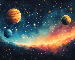 Planetary Panorama An Artistic Depiction of Celestial Bodies in the Vast Cosmic Expanse