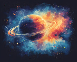 Colorful Watercolor Painting of Saturn and Nebula in Deep Space with Rings and Stars