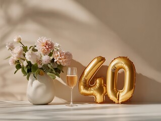 Golden “40” balloons with soft peach flowers and sparkling wine, symbolizing refined milestone celebration and warm anniversary aesthetic. Gentle sunlight and minimal styling