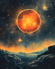 Vibrant Cosmic Landscape Exploring a Fiery Planet and Starry Night Sky with Artistic Flair