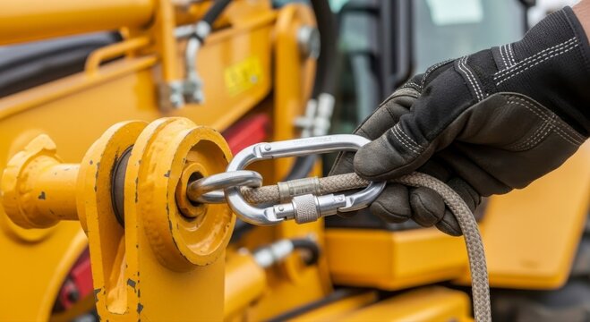 Hand securing heavy-duty equipment with a carabiner clip for safety