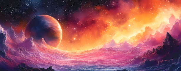 Cosmic Dreamscape A Majestic Watercolor Depiction of Planets and Nebula in Space