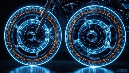 Fototapeta premium Futuristic motorcycle wheels glowing with neon light, perfect for tech and transportation themes, offering a modern and dynamic look for your projects