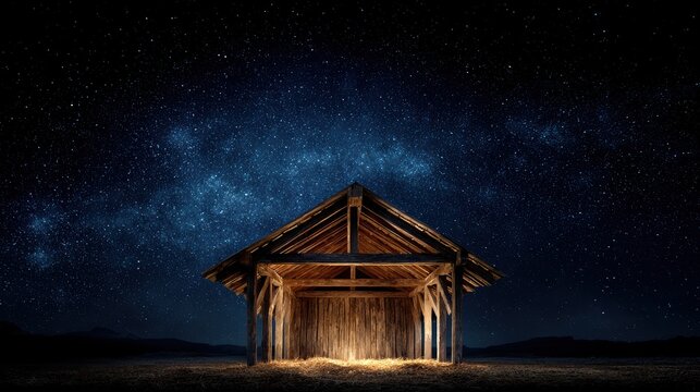 a serene wooden stable under a deep blue starry night sky symbolizing the nativity of jesus christ with ample copy space for spiritual or christmasthemed creative designs and projects  2026