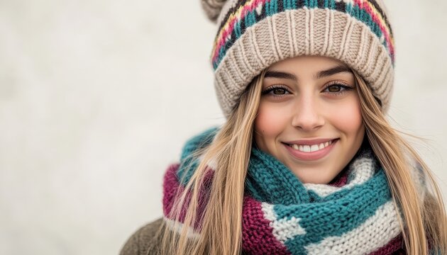 Smiling young woman wearing colorful knitted winter hat and scarf outdoors